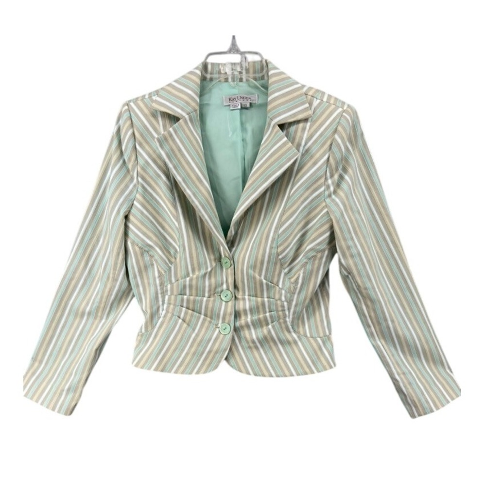 Kay Unger New York Striped Fitted Blazer‎ Sz 10 Career Pastel Mint Green